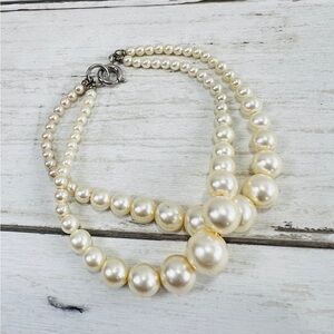 Vintage Off White Faux Pearl Round 2 Strand Wrist Bracelet Silver Clasp